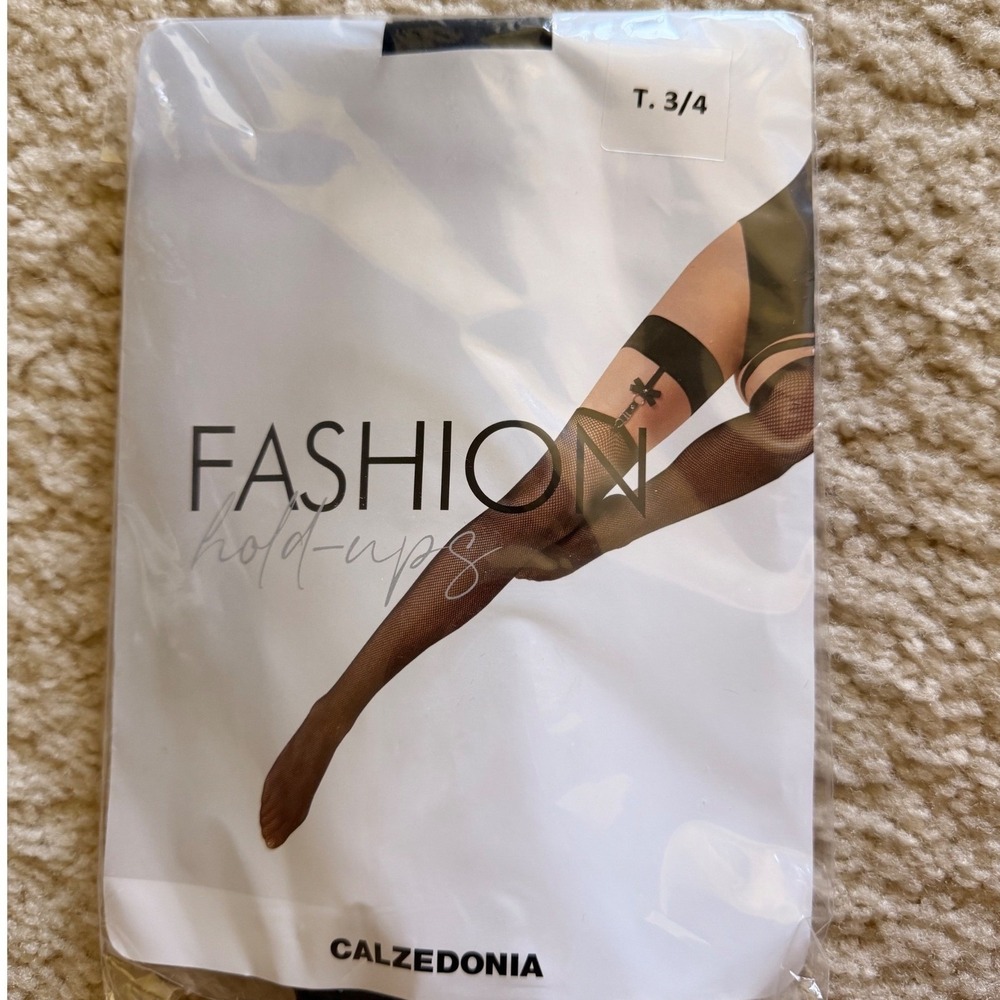 Calzedonia Black Fishnet Fashion Hold-Up Stockings Stay-Up Bow Detail Size 3/4 L